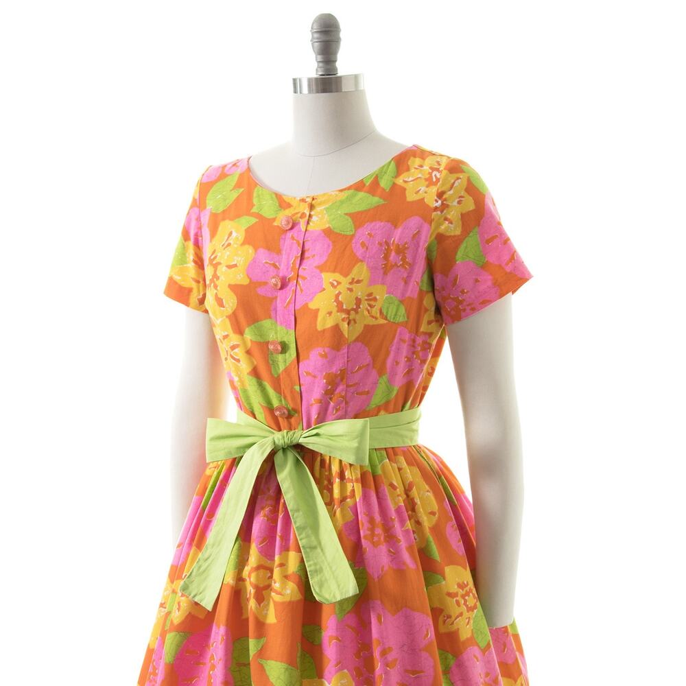 Vintage 1950s Dress 50s MODE O DAY Pink Floral Print Cotton Full Skirt Fit Flare - Picture 5 of 9